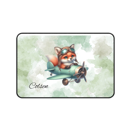 Cute Fox Pilot Desk Mat, Personalized Desk Accessories, Kids Room Decor, Office Supplies, Animal Lover Gift