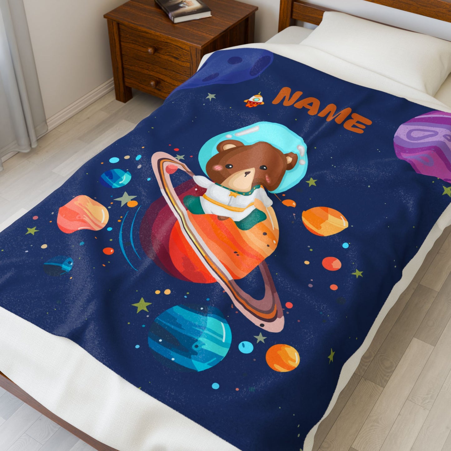 Space-Themed Velveteen Plush Blanket for Kids, Cozy Planet Bear Blanket, Personalized Children's Blanket, Great Gift for Baby Showers, [...]