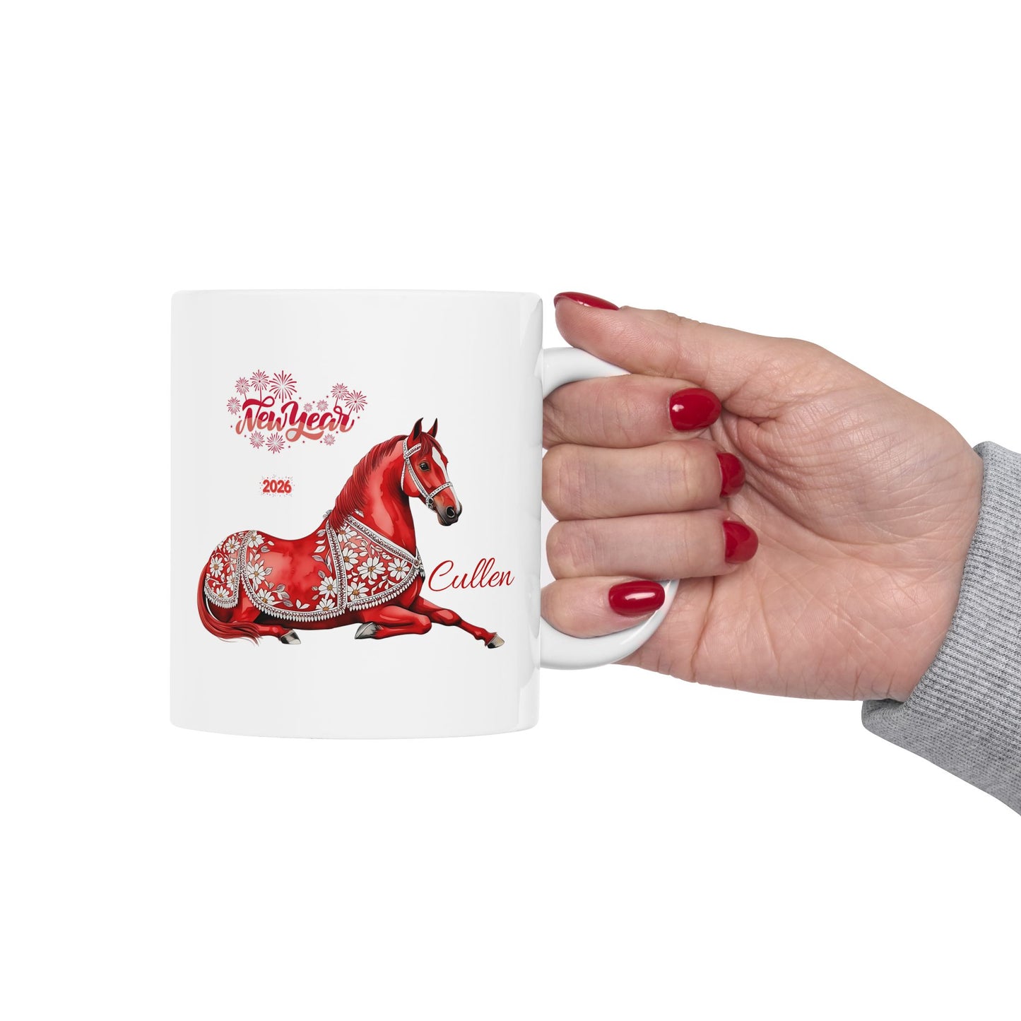 Personalized Red Horse Ceramic Mug — Floral Horse Illustration, Custom Name Option (11oz & 15oz)
