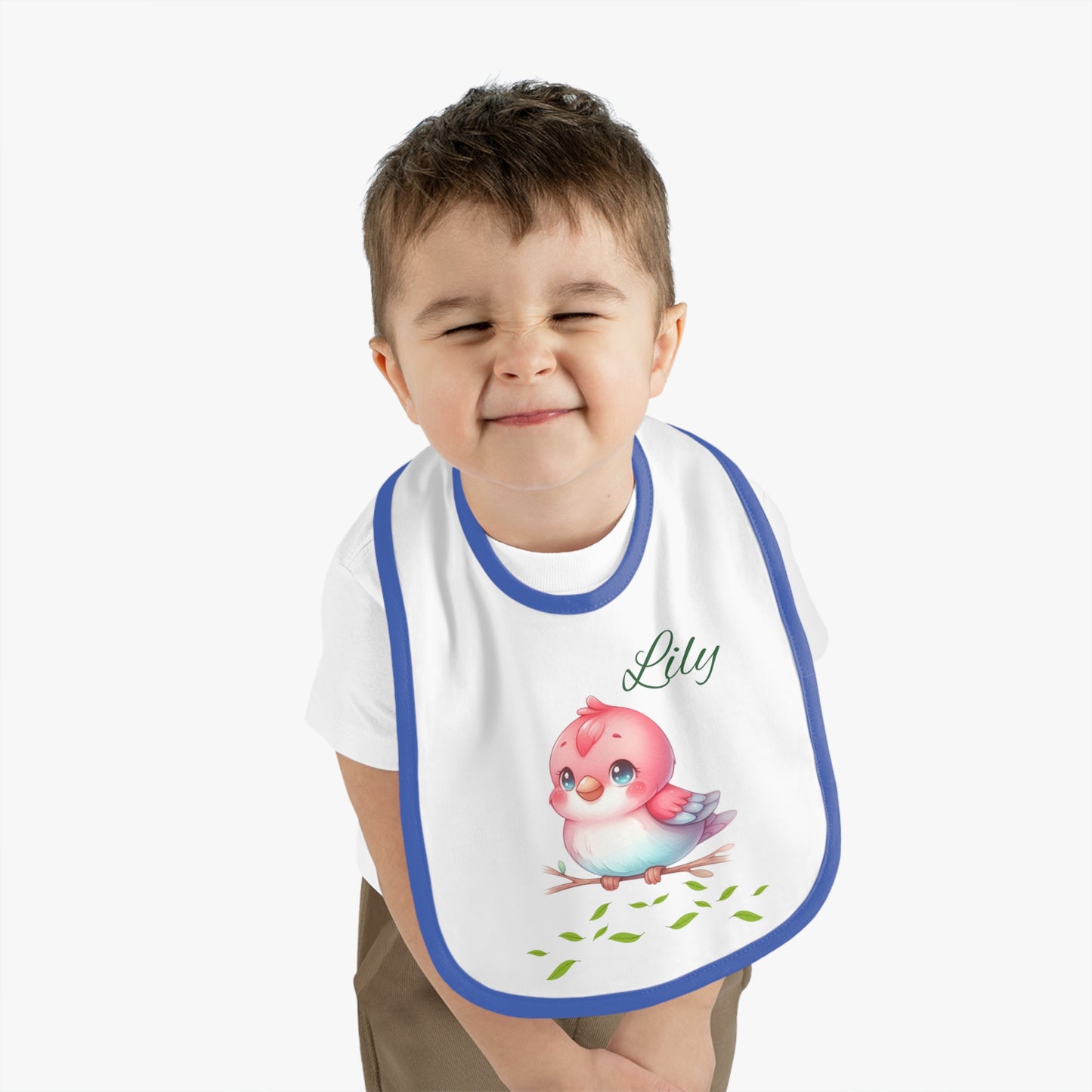 Personalized Baby Bib — Cute Pink Bird with Name (Lily) | Contrast Trim Jersey Bib