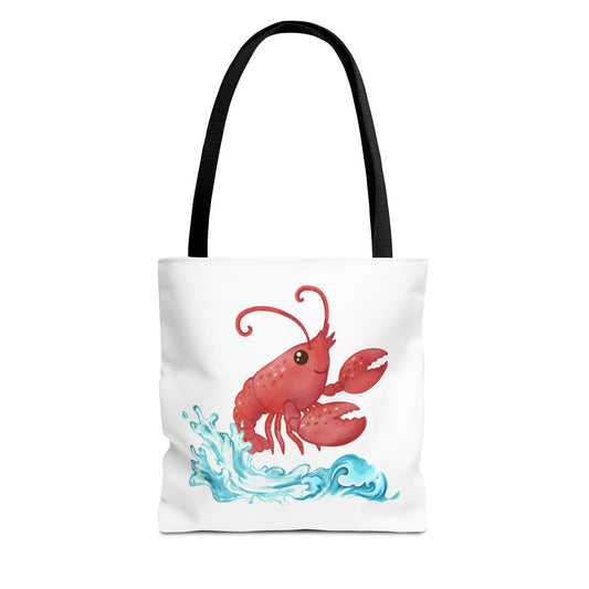 Cheerful red lobster emerging from stylized blue waves Tote Bag