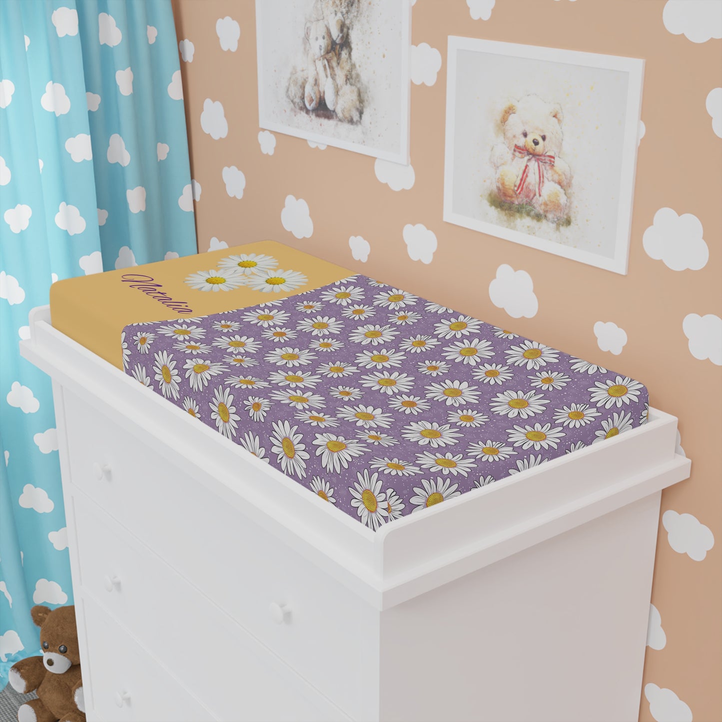 Daisy Meadow Baby Changing Pad Cover — Purple Floral Nursery Slipcover