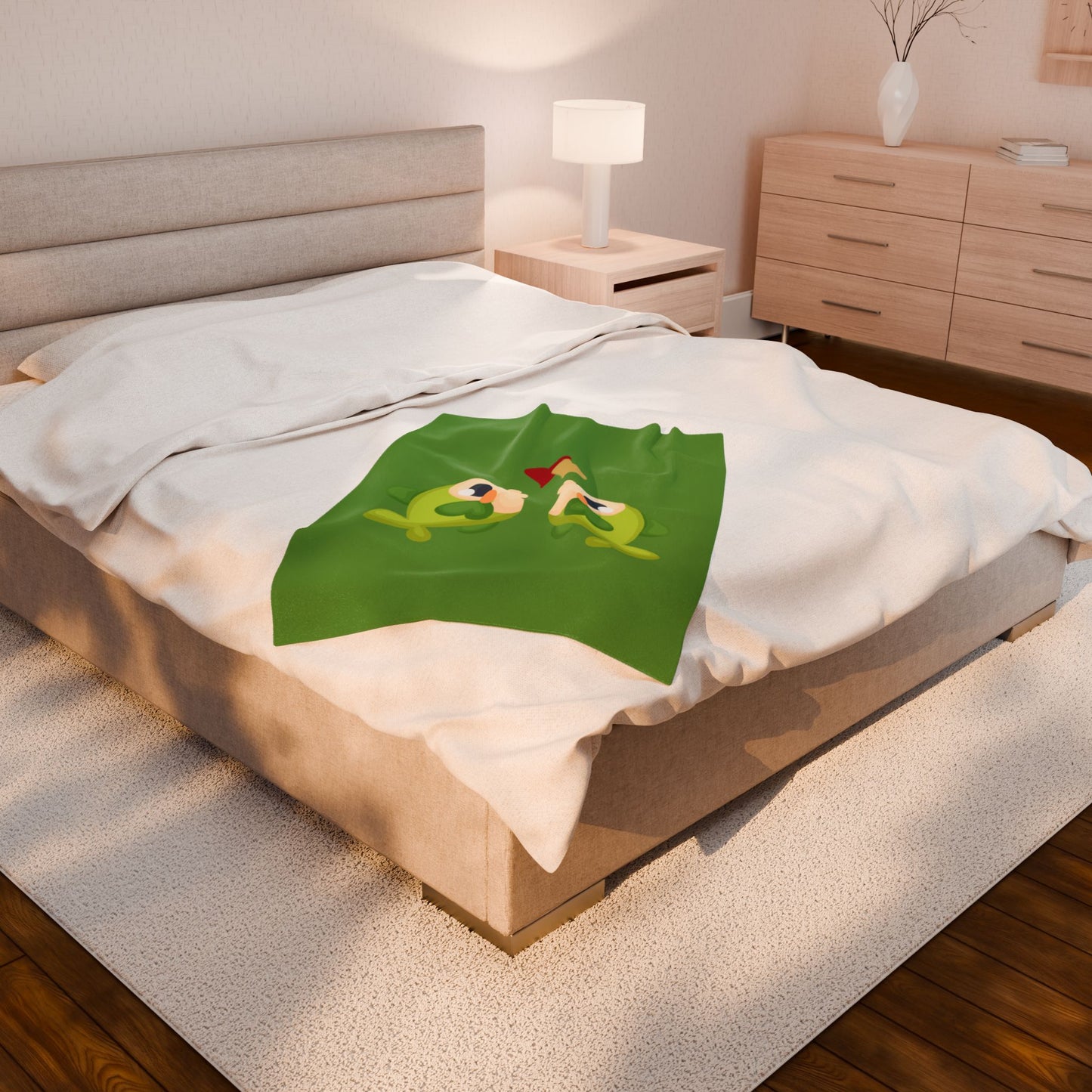 Two hearts float between the fish one red and one yellow Velveteen Plush Blanket