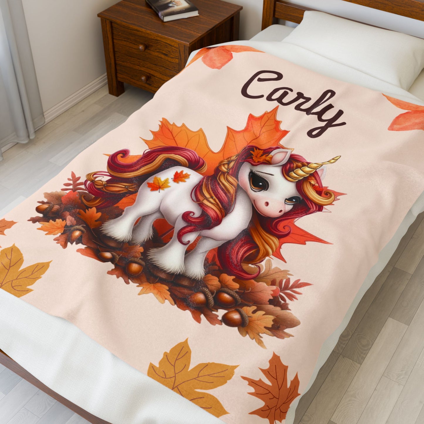 Personalized Unicorn Velveteen Plush Blanket, Cozy Kids Throw, Autumn Decor, Custom Baby Blanket, Ideal Gift for Fall Celebrations
