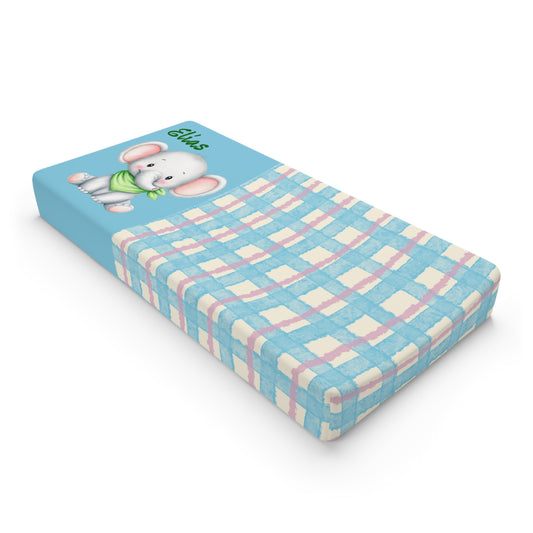 Baby Changing Pad Cover — Cute Blue Elephant Plaid Nursery Protector