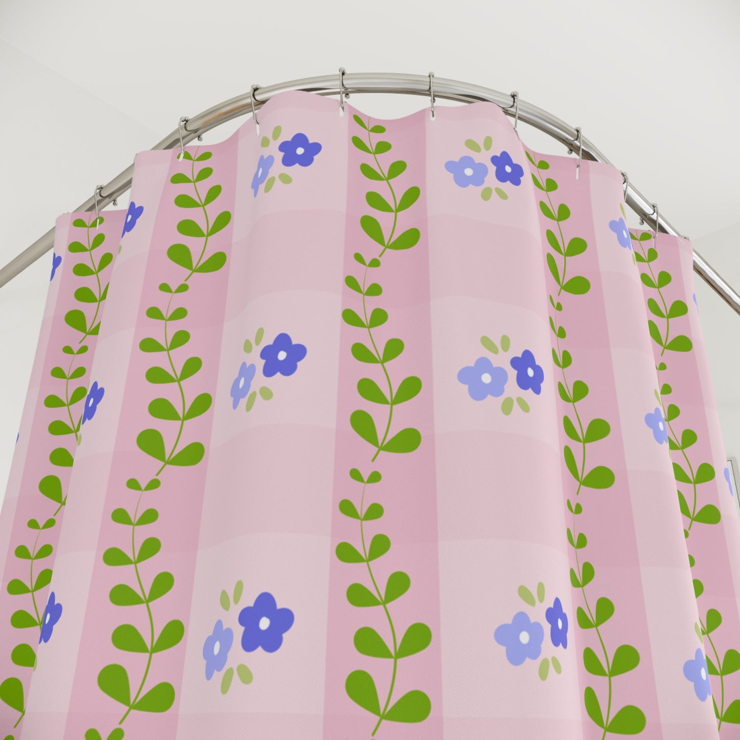Floral Gingham Shower Curtain – Pink Blue Wildflower Pattern