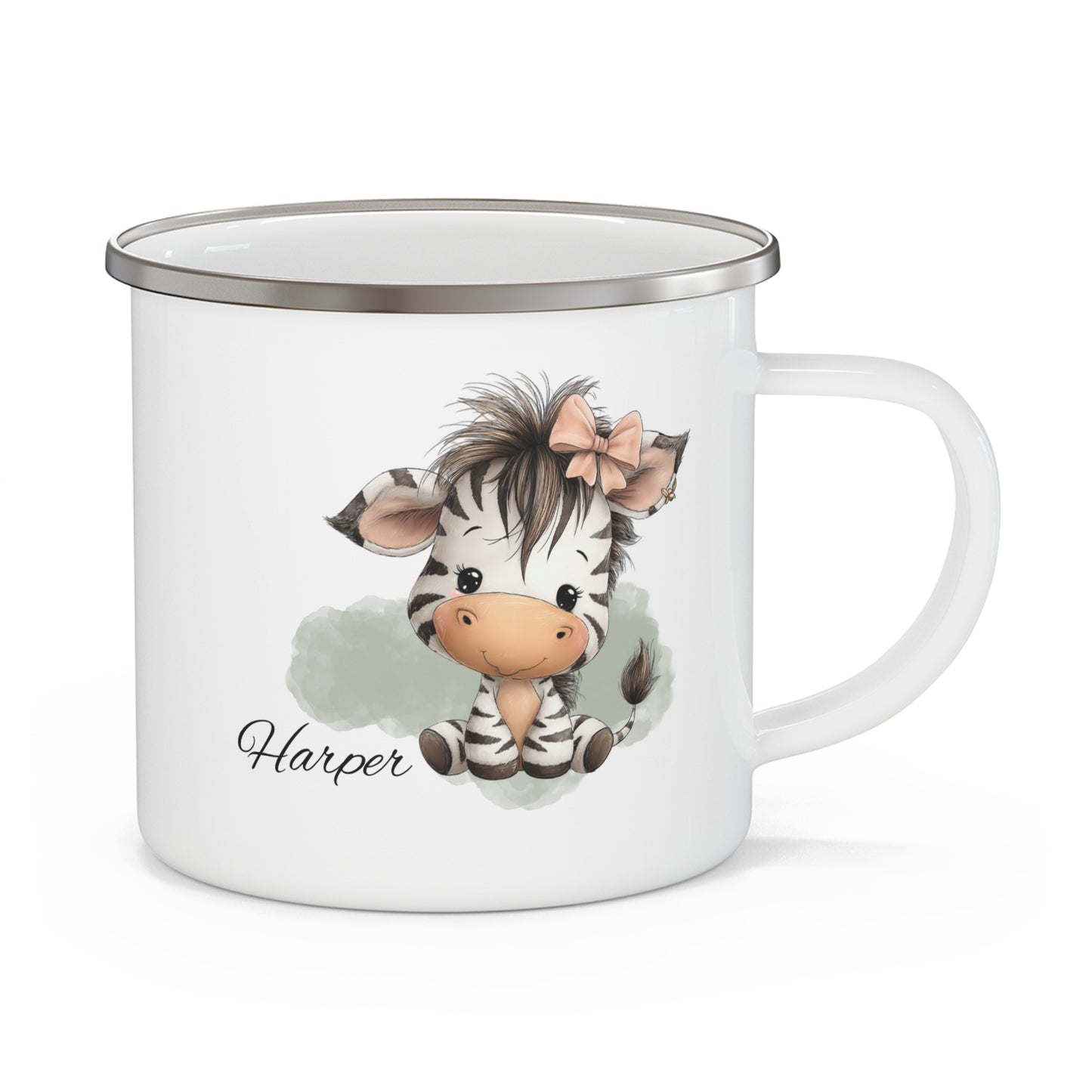 Personalized Zebra Enamel Camping Mug — Cute Baby Animal Camper with Name