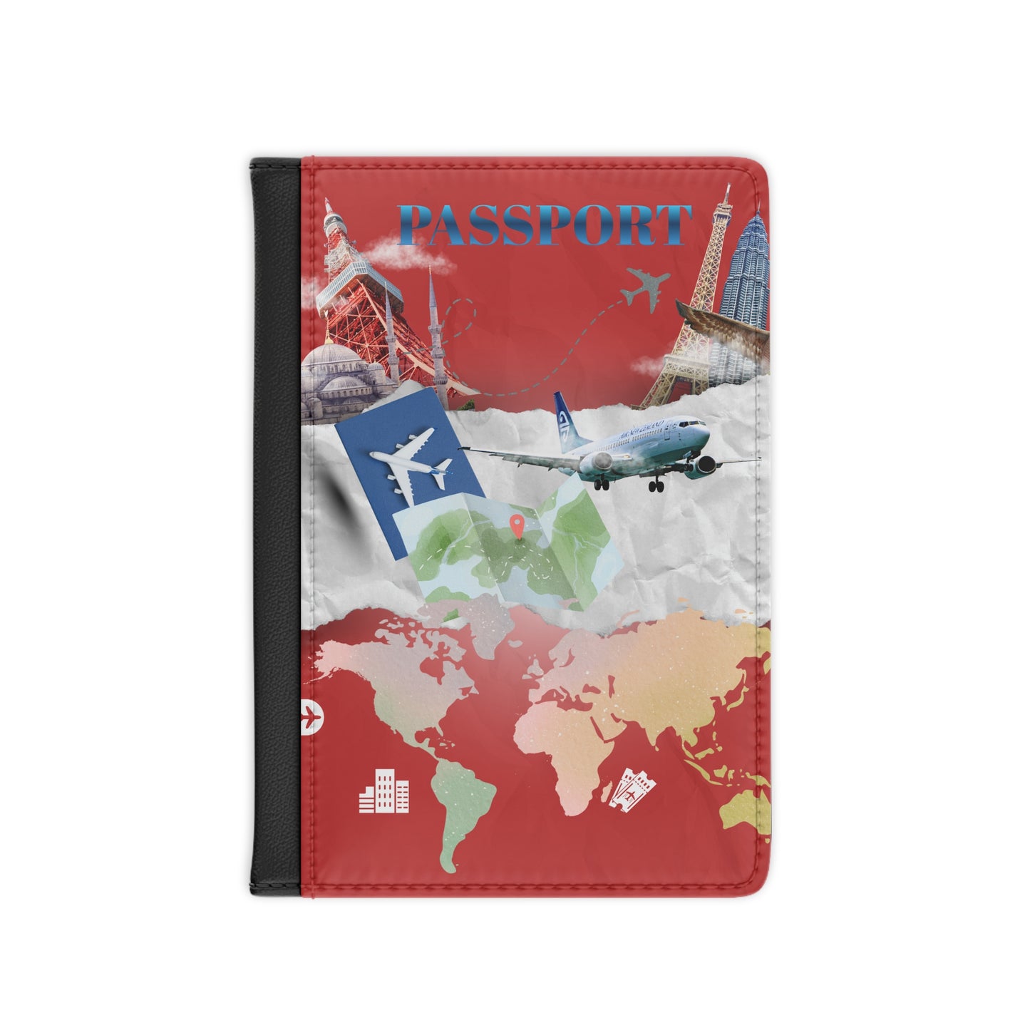 Travel Collage Passport Cover — World Map & Airplane Passport Holder