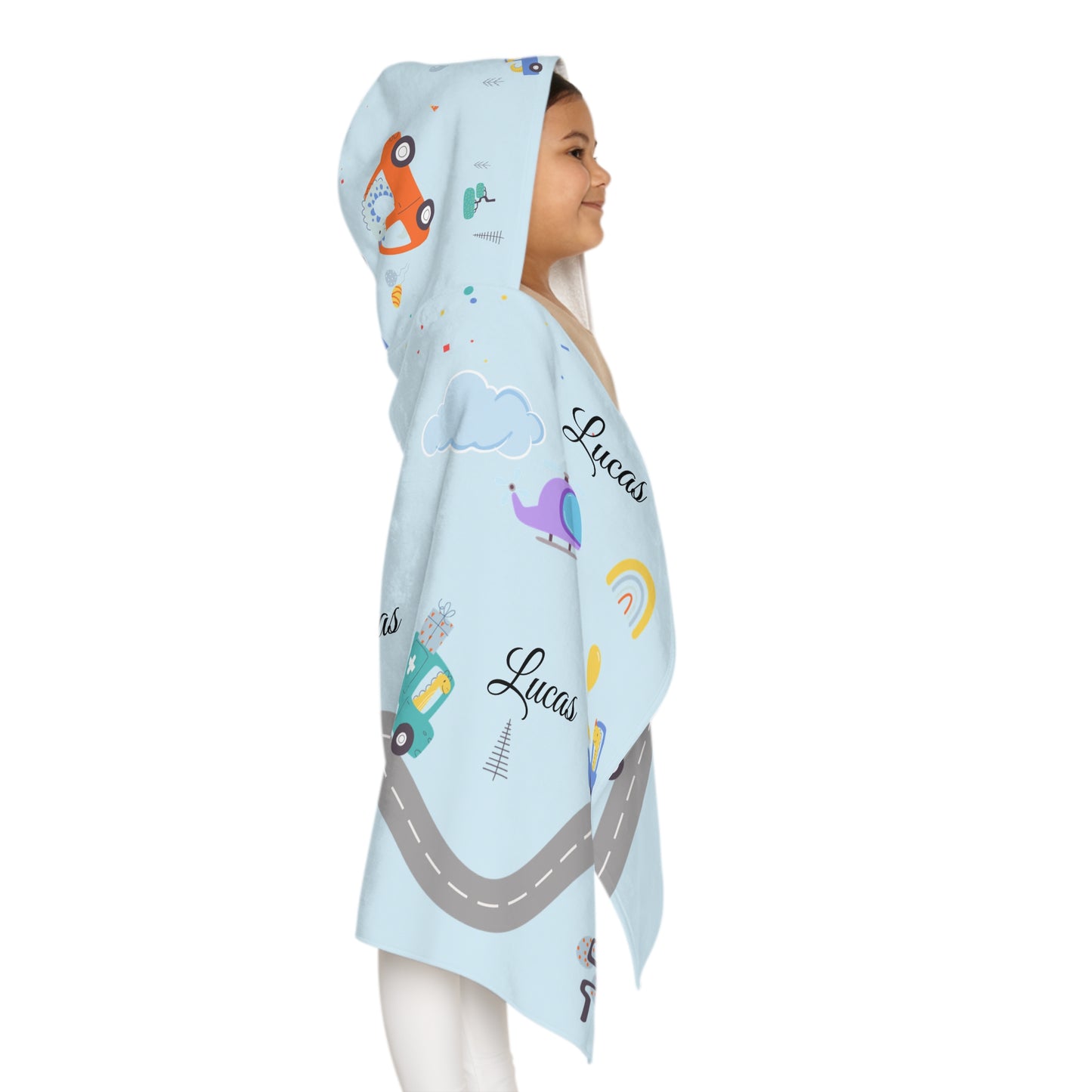Personalized Kids Hooded Towel - Road Trip Cars Design (Custom Name)