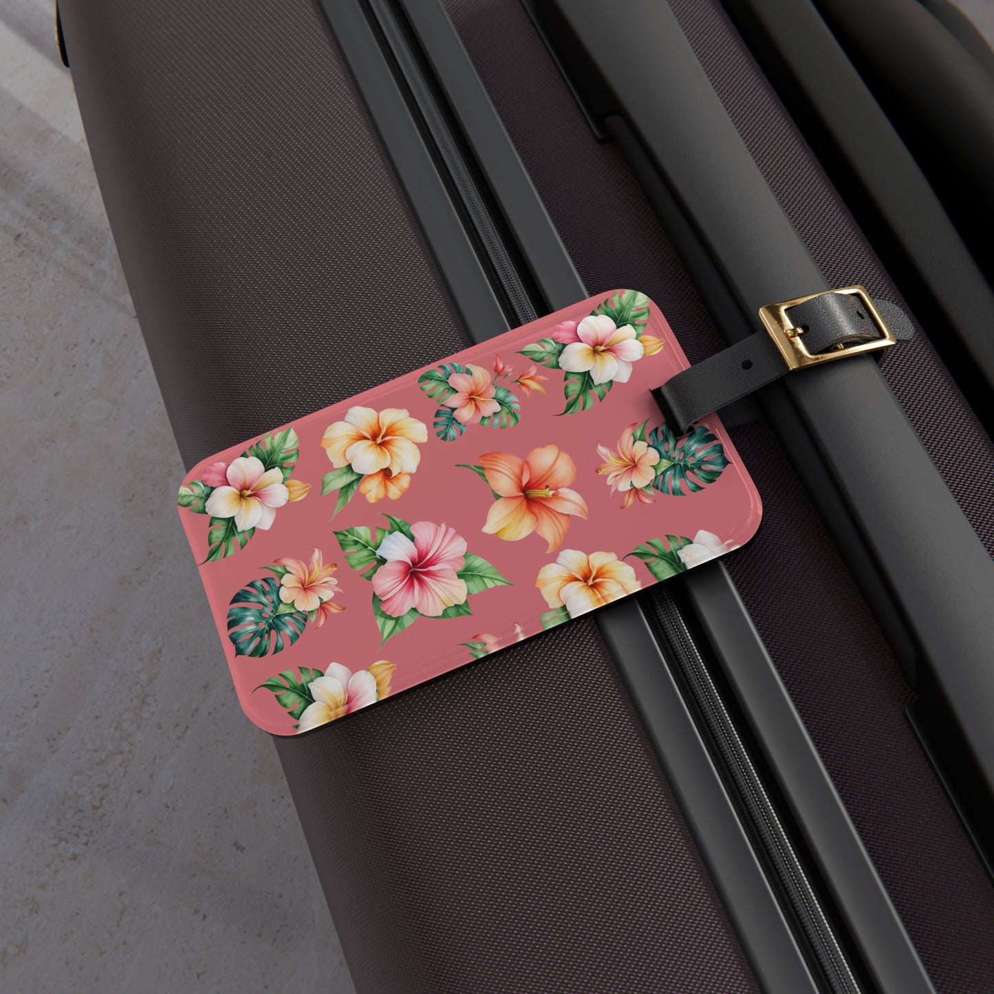 Floral Hibiscus Luggage Tag — Tropical Pink Suitcase Identifier