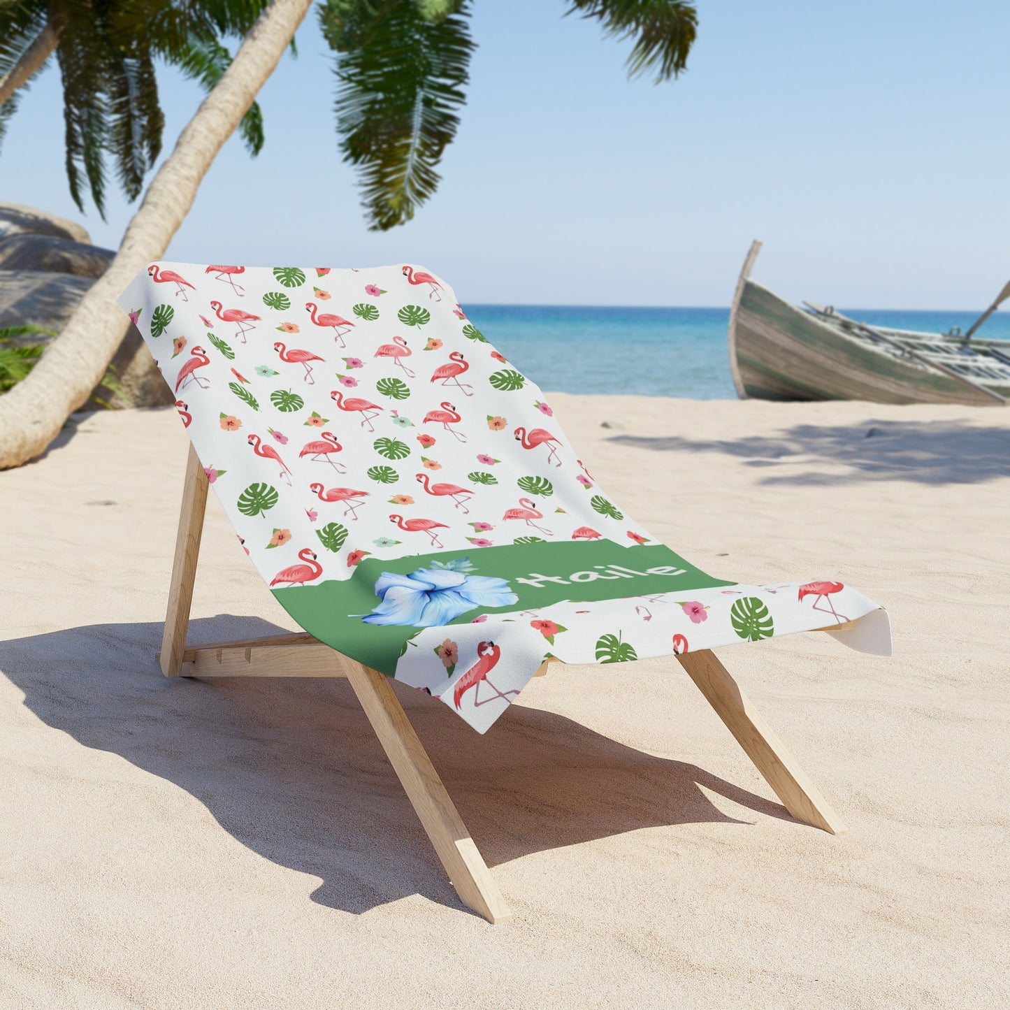 Personalized Flamingo Beach Towel — Tropical Hibiscus Name Towel