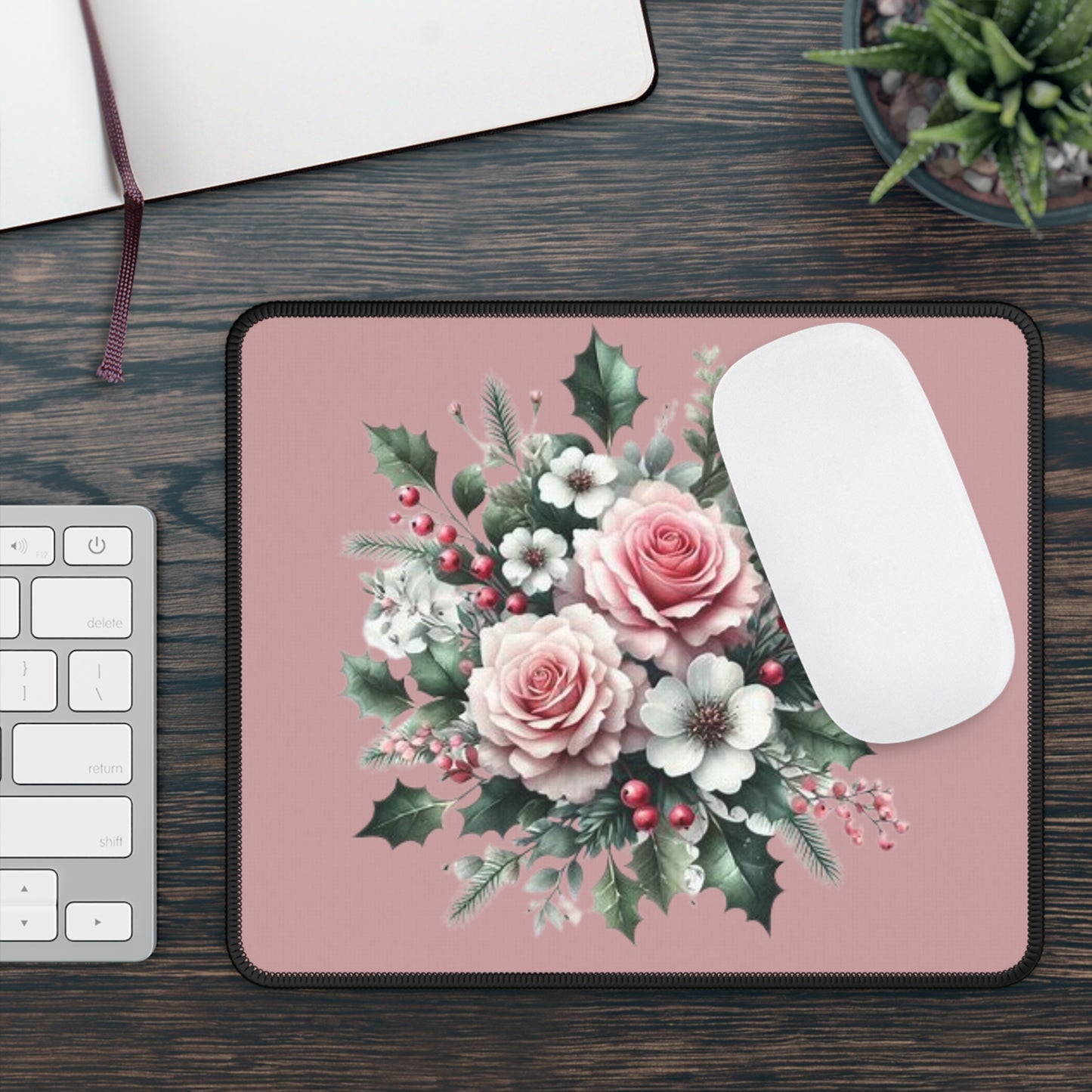 Floral Rose Gaming Mouse Pad — Pink Vintage Bouquet Desk Mat
