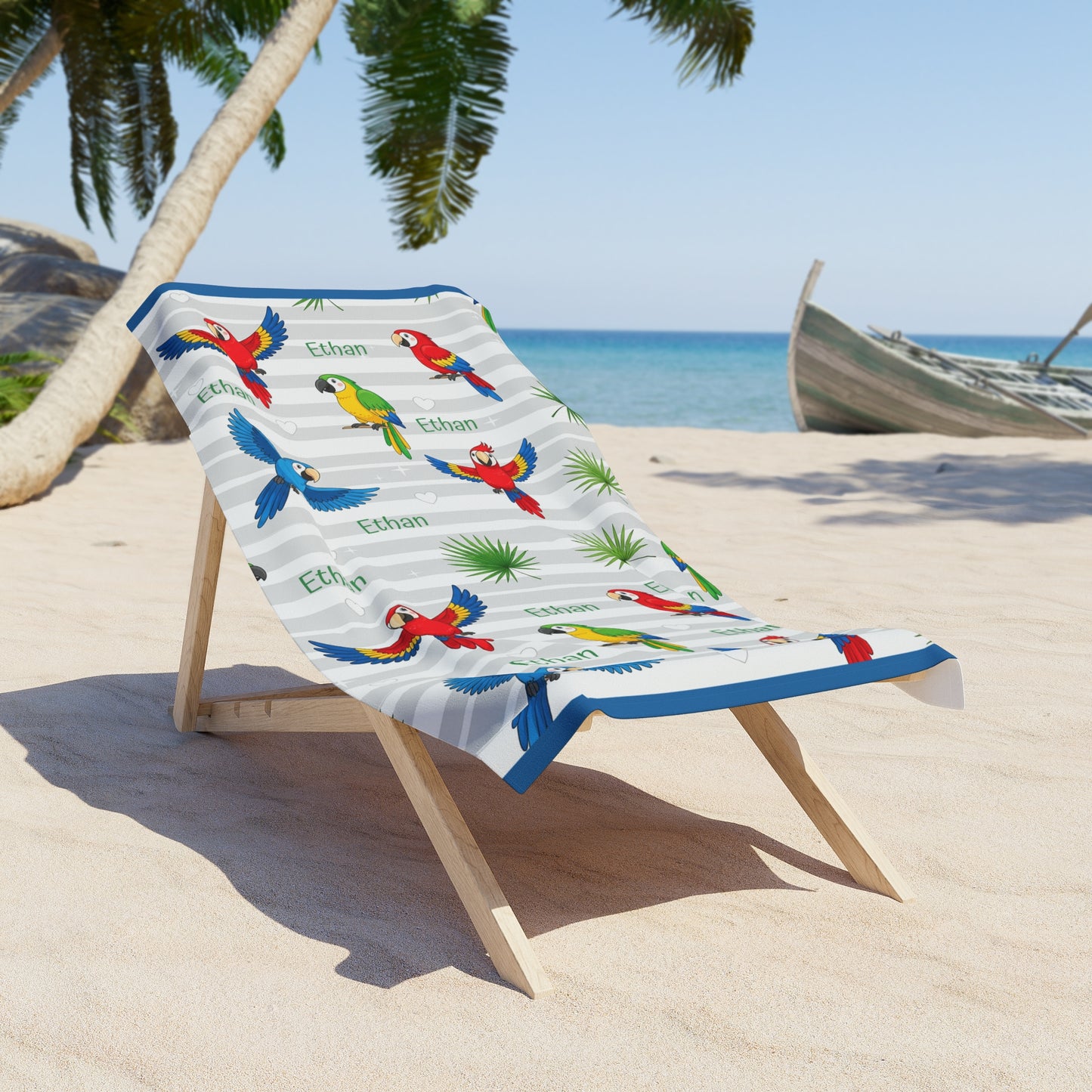 Personalized Parrot Beach Towel — Tropical Palm Stripe Design (Custom Name)