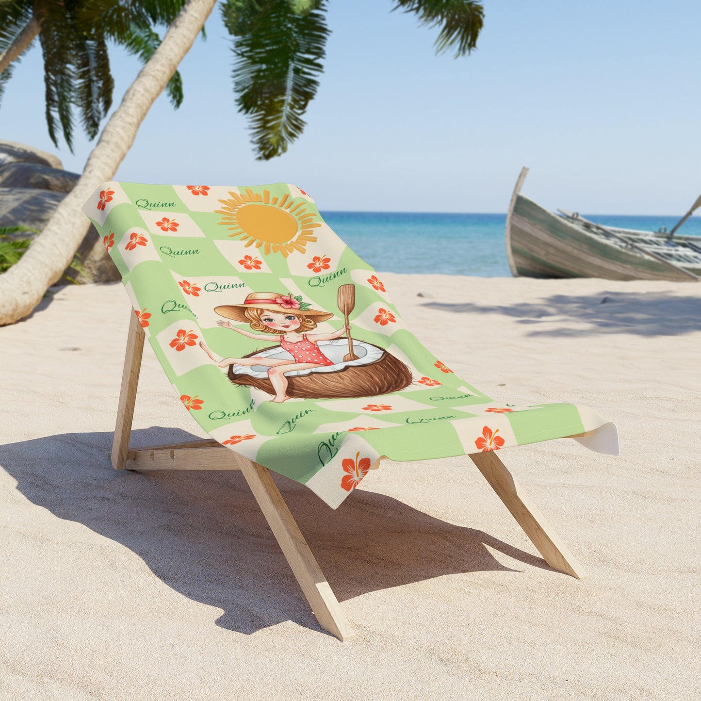 Cute Tropical Girl Beach Towel - 'Queenie' Sun & Coconut Design