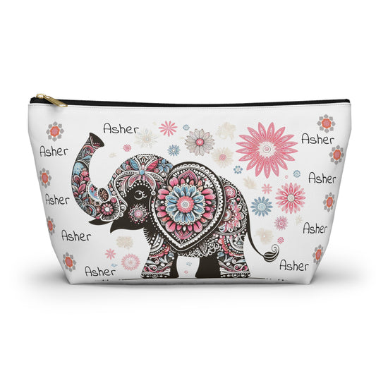 Personalized Elephant Accessory Pouch — Floral T-Bottom Makeup Bag