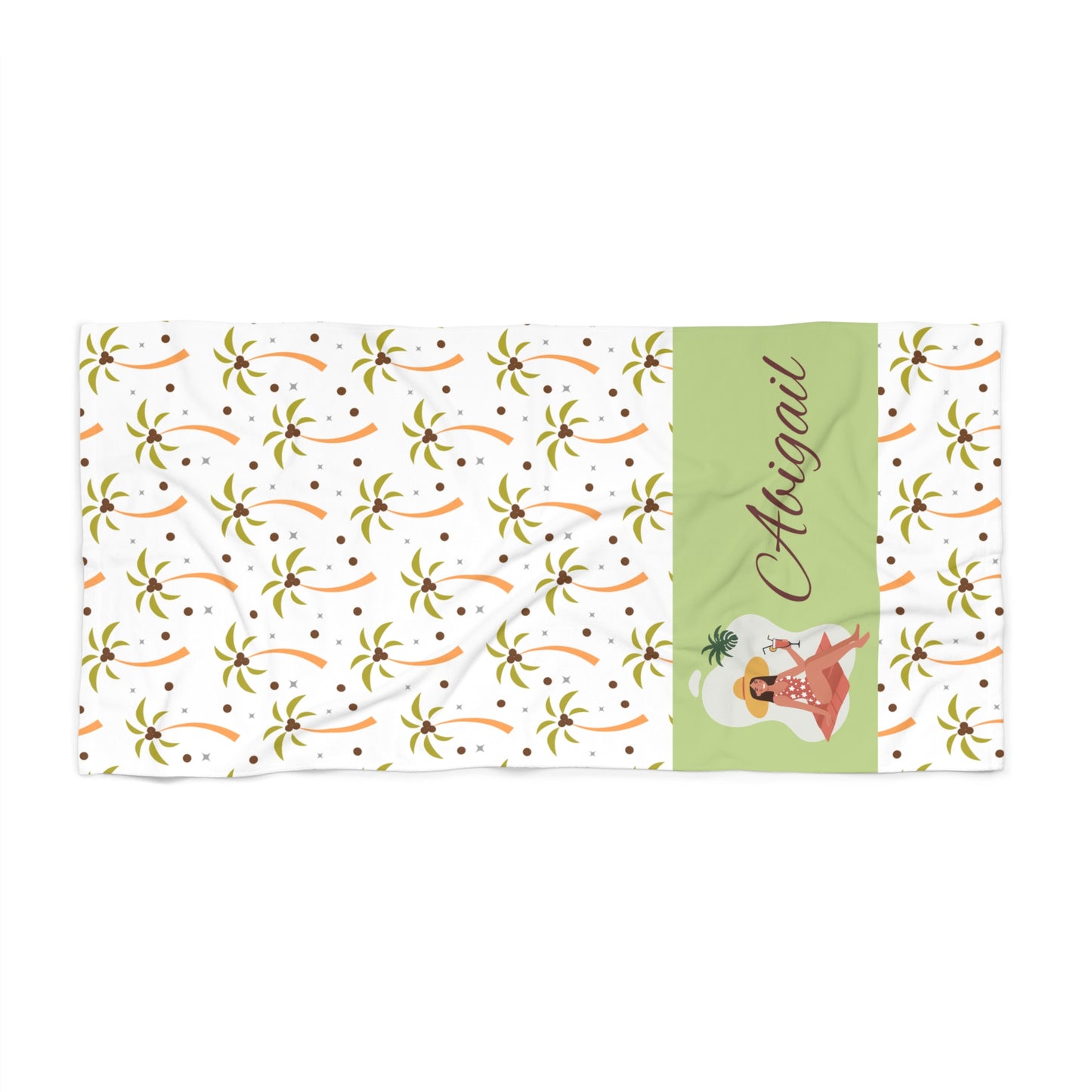 Beach Towel - Personalized Tropical Palm Pattern with Hula Girl (Custom Name)