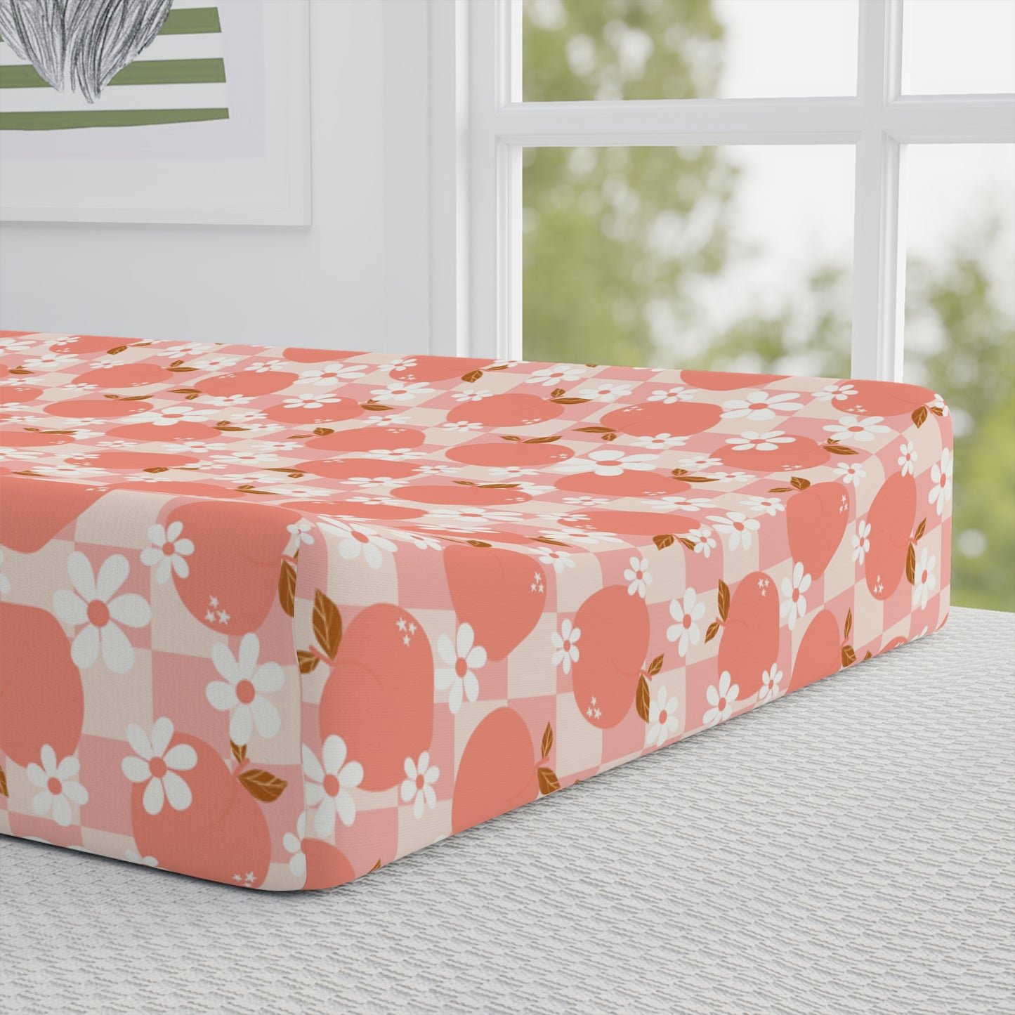 Peach Blossom Baby Changing Pad Cover — Floral Nursery Waterproof Fitted Sheet