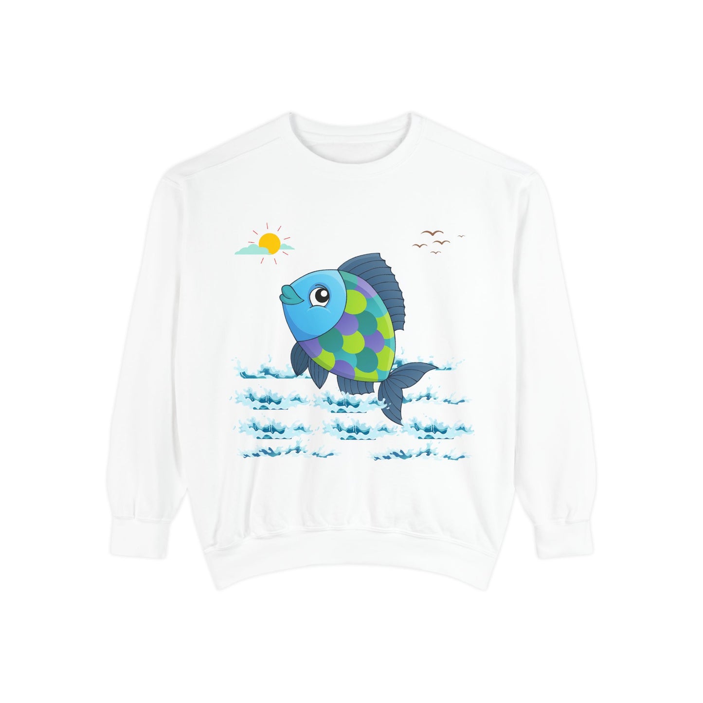 Fish with a sun and birds in the sky above water Unisex Garment-Dyed Sweatshirt