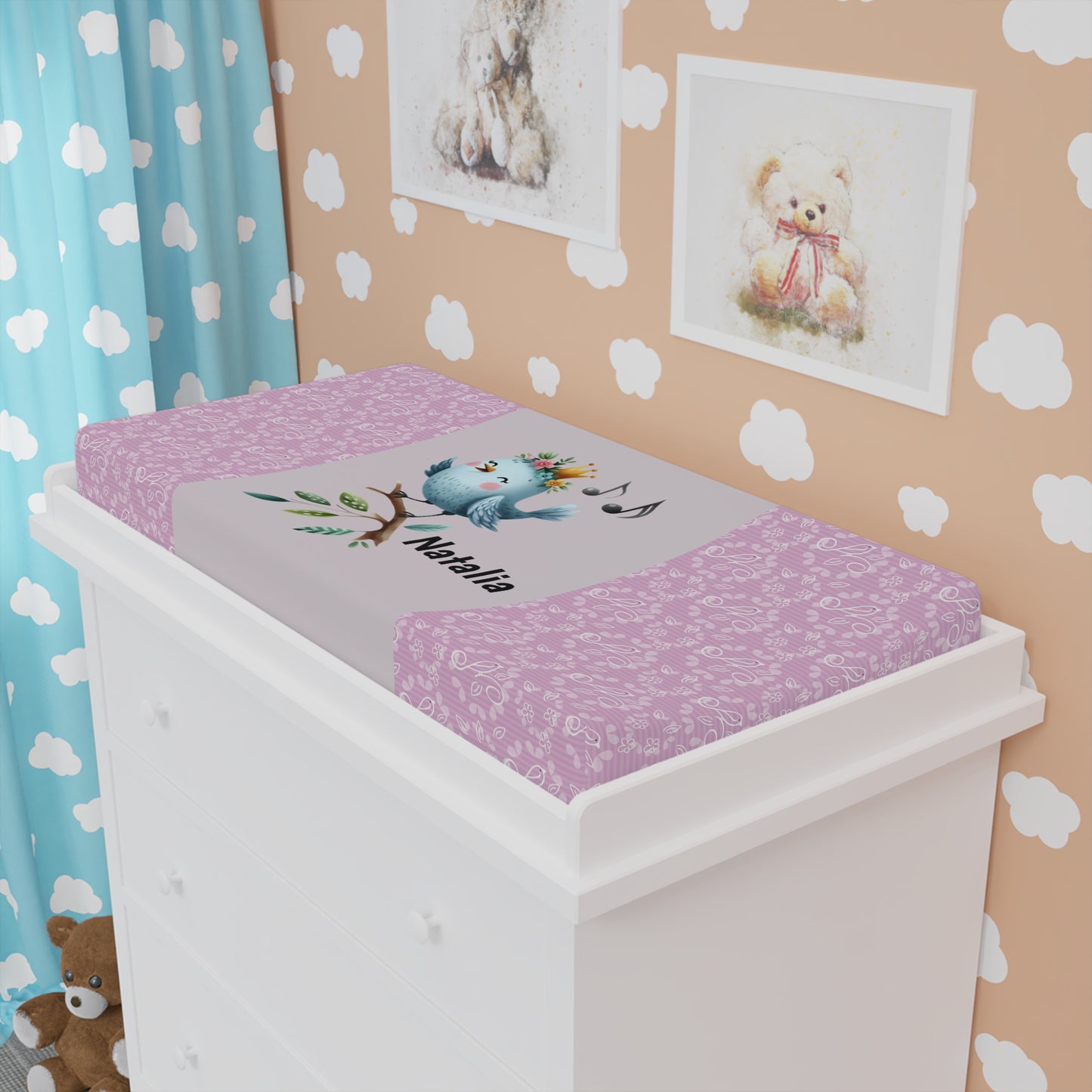 Personalized Baby Changing Pad Cover — Pink Floral with Cute Blue Bird Name (e.g., Natalia)