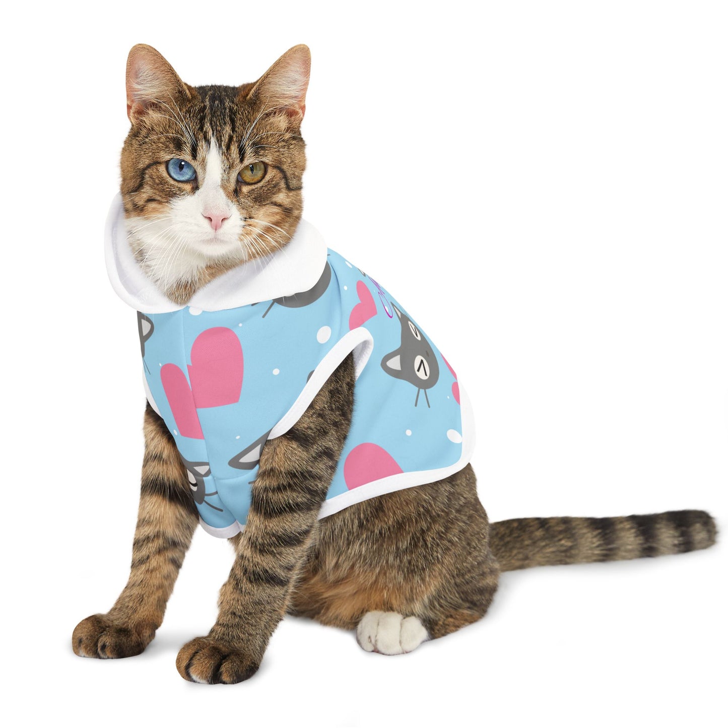 Personalized Cat Heart Pet Hoodie — Cute Blue Cat Pattern Dog & Cat Hoodie