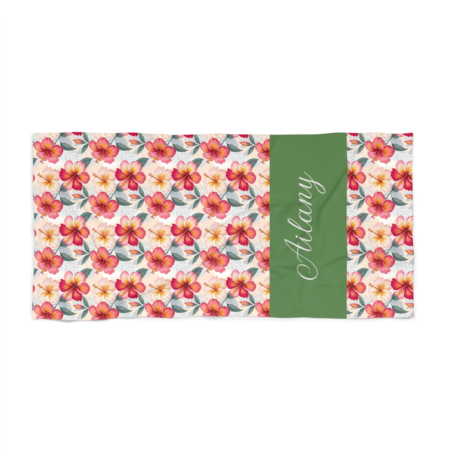 Personalized Floral Beach Towel — Tropical Hibiscus Print with Name Strip