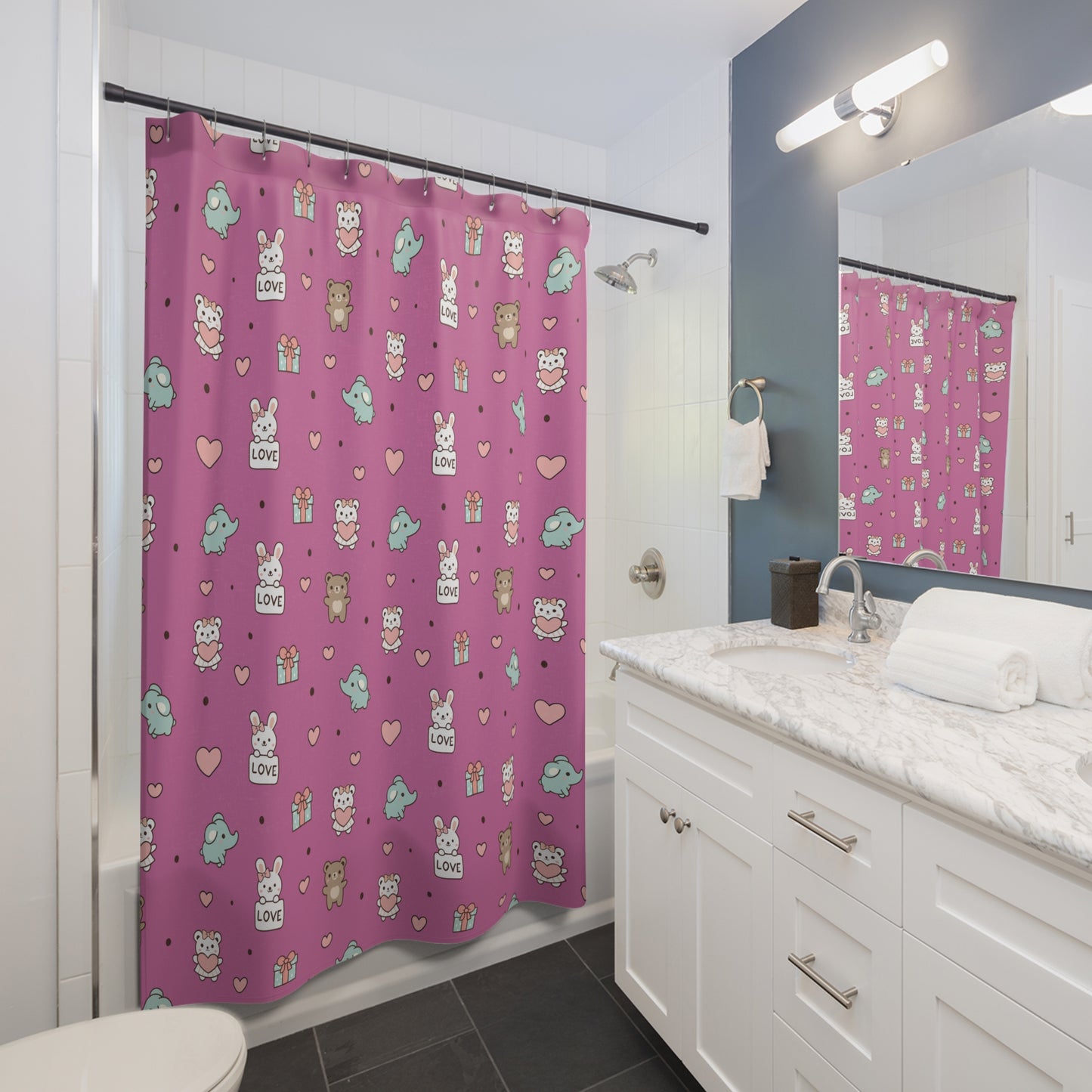 Cute Animal Pattern Shower Curtain — Pink Hearts, Gifts & 'Love' Bunny Design