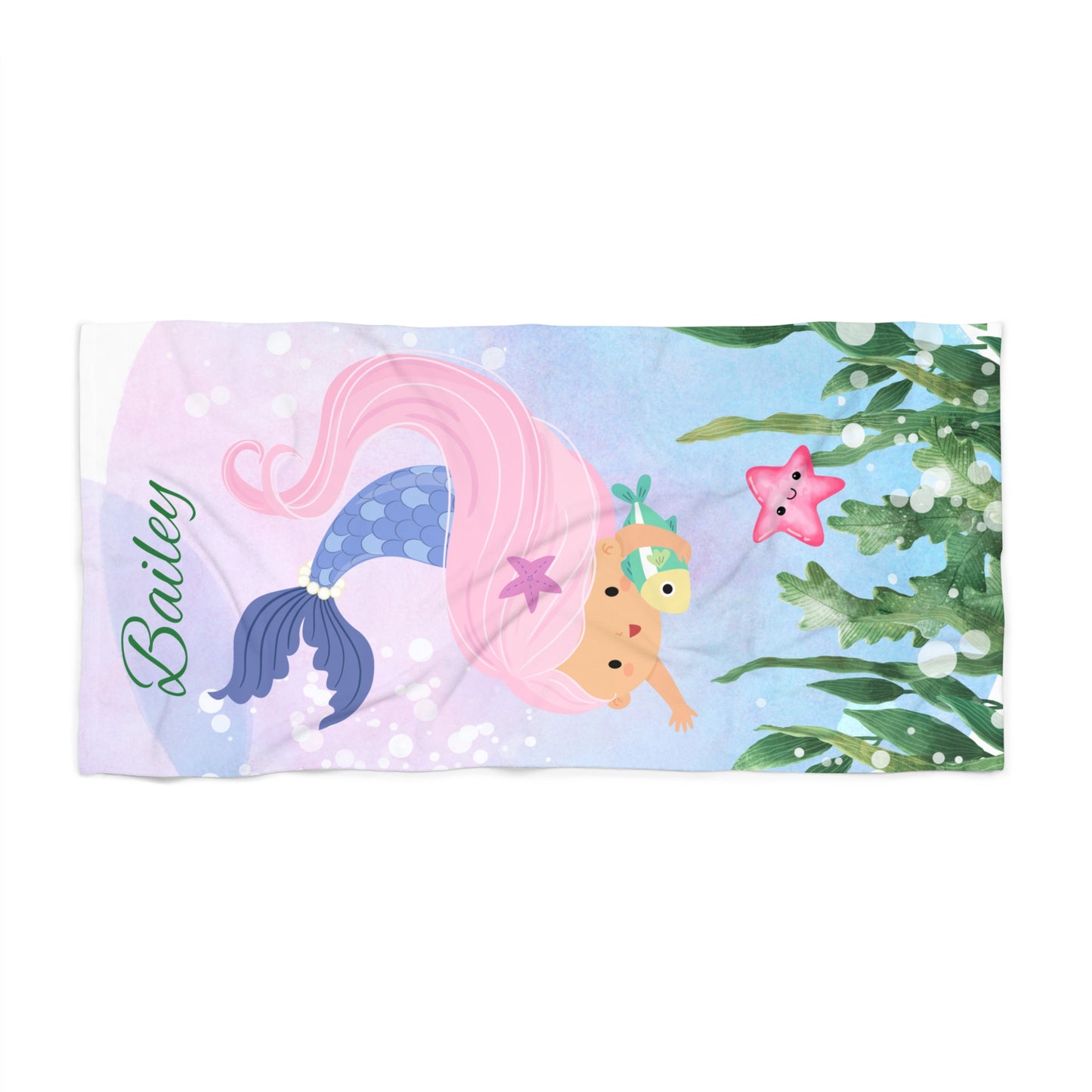 Personalized Mermaid Beach Towel - Custom Name Kids Ocean Towel