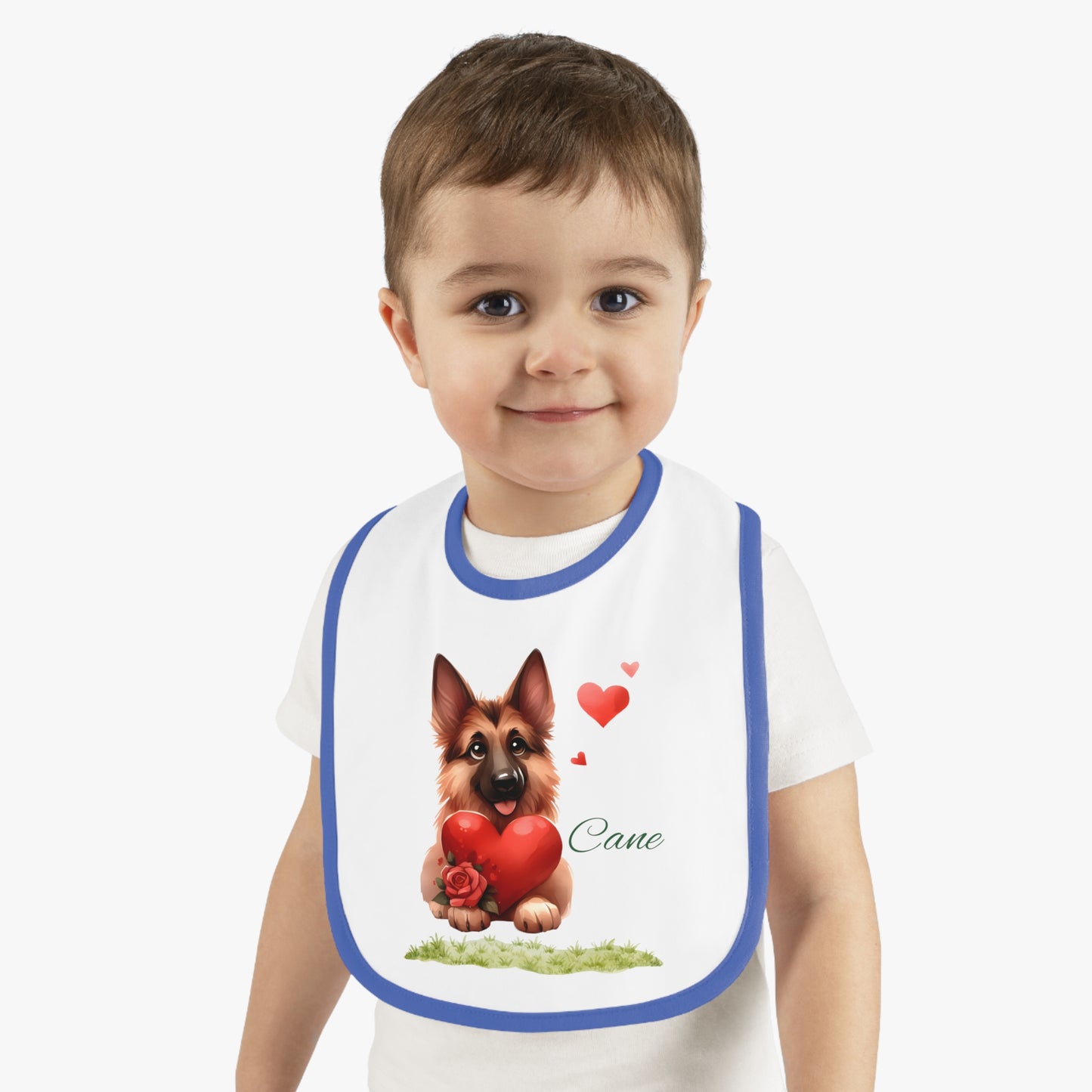 German Shepherd Baby Bib — Cute Puppy Holding Heart Valentine Infant Bib