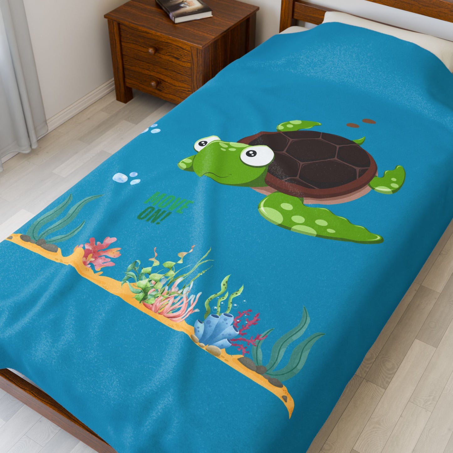 Turtle with seaweed and bubble Velveteen Plush Blanket