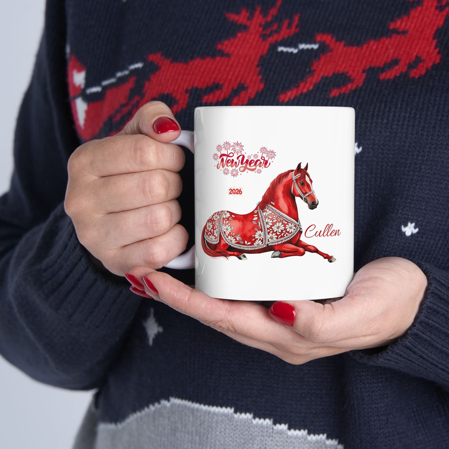 Personalized Red Horse Ceramic Mug — Floral Horse Illustration, Custom Name Option (11oz & 15oz)