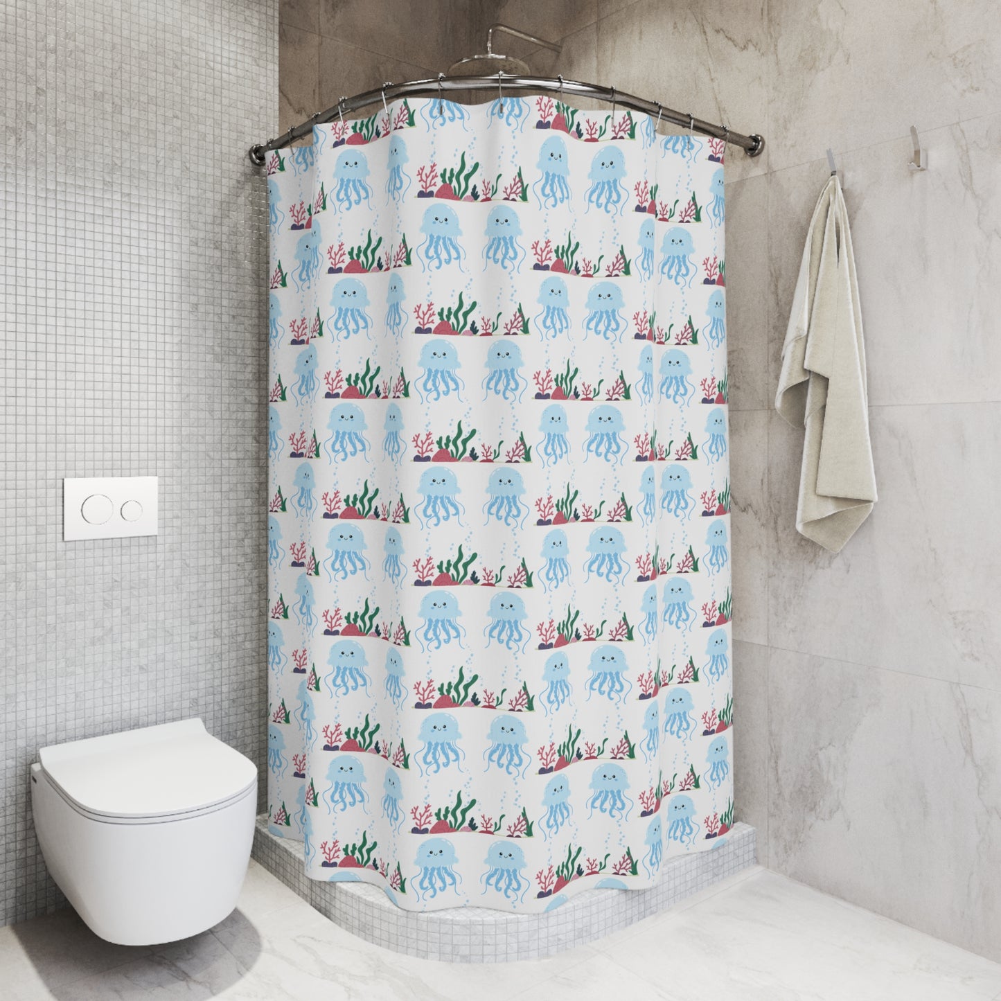 Cute Blue Jellyfish Shower Curtain — Kids Bathroom Ocean Theme with Seaweed Pattern