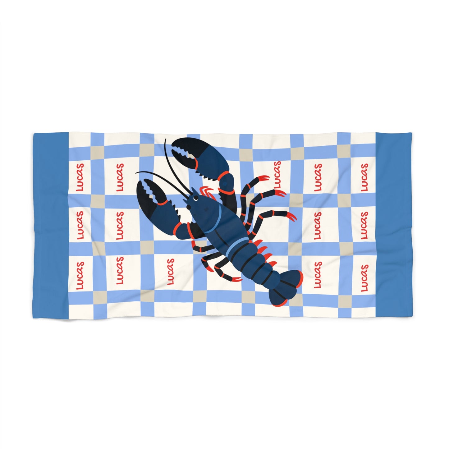 Personalized Lobster Beach Towel – Blue Check Nautical Summer Towel with Name