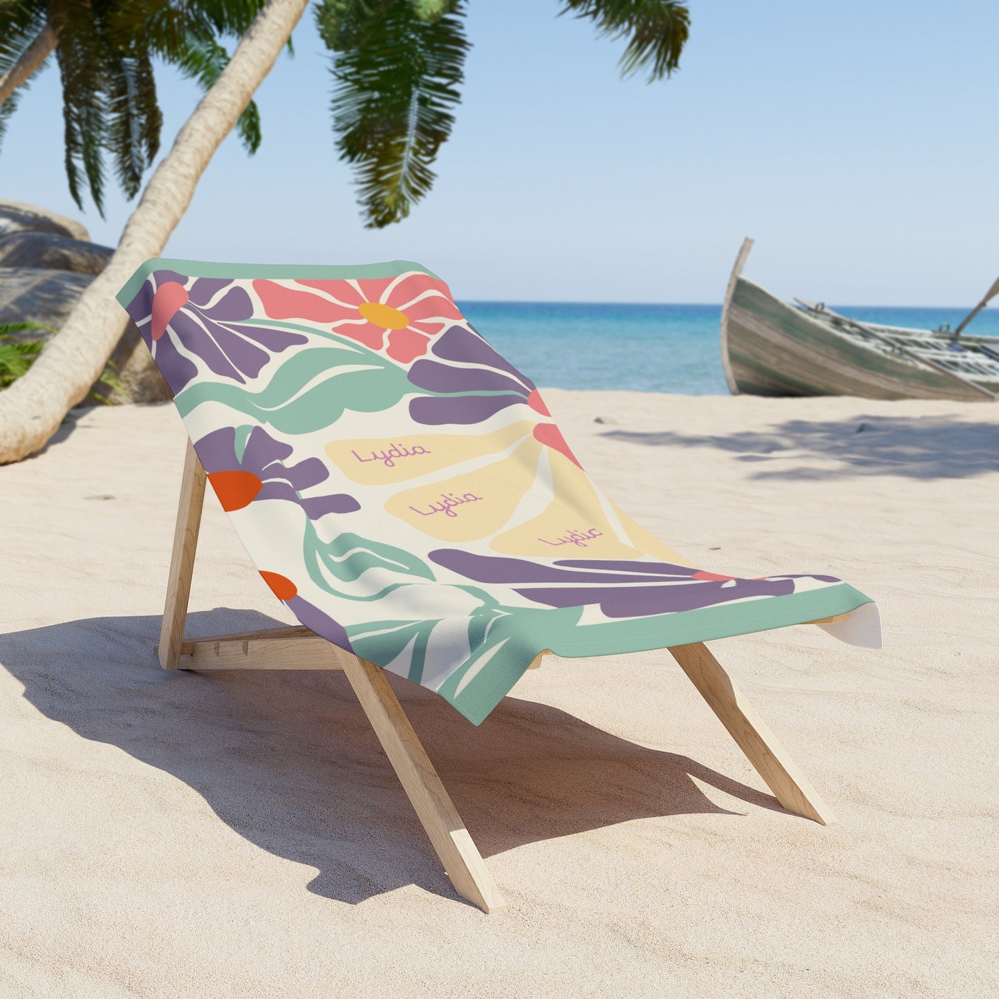 Floral Sunset Beach Towel — Pastel Tropical Flowers Personalized