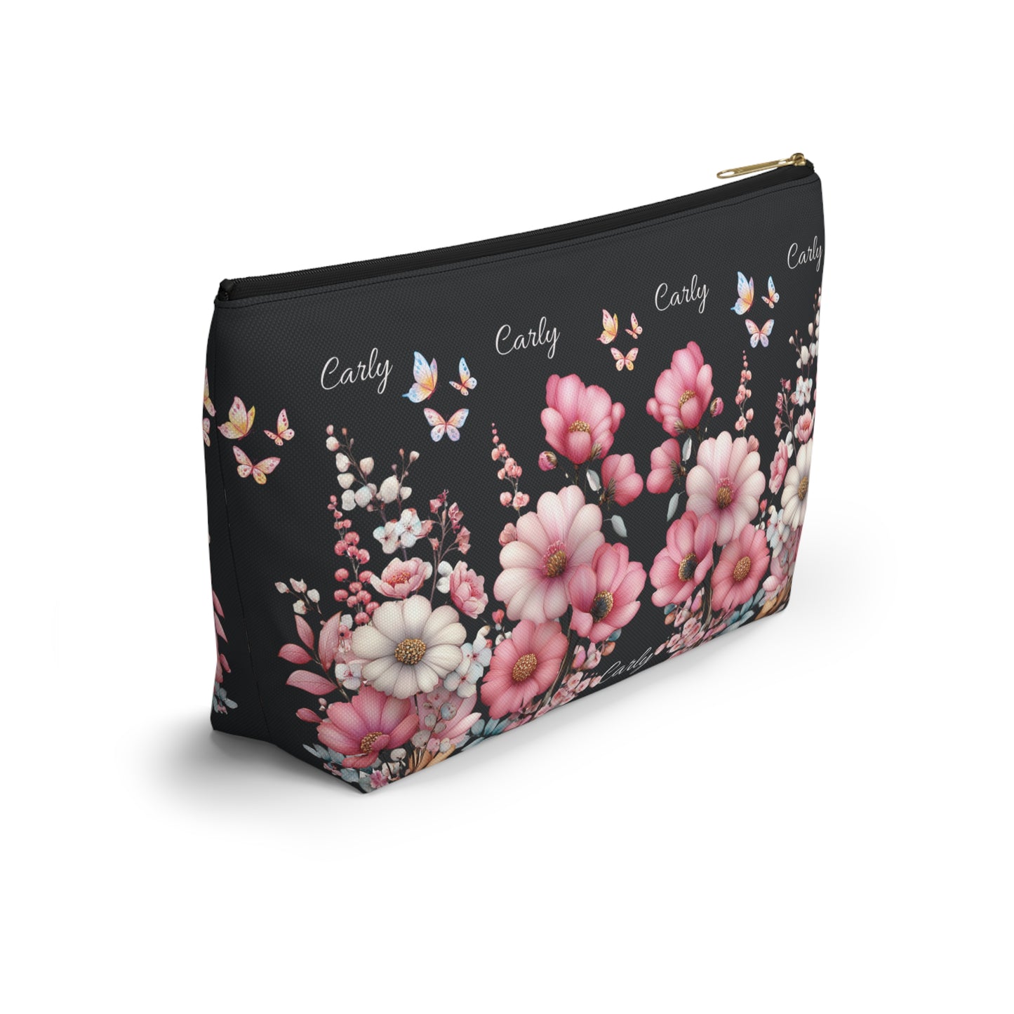 Floral Cosmetic Pouch with Pink Blooms — Personalized 'Carly' Accessory Bag
