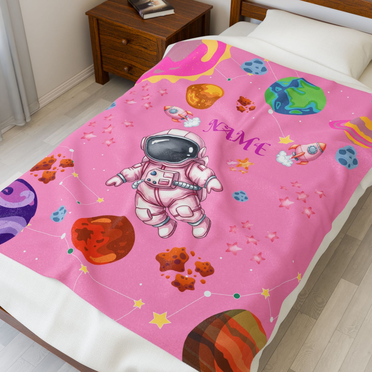 Cozy Astronaut Velveteen Blanket for Kids, Personalized Space Rocket Throw for Nursery, Gifts for Birthdays, Baby Showers, and Holidays