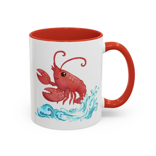 Cheerful red lobster emerging from stylized blue waves Coffee Mug