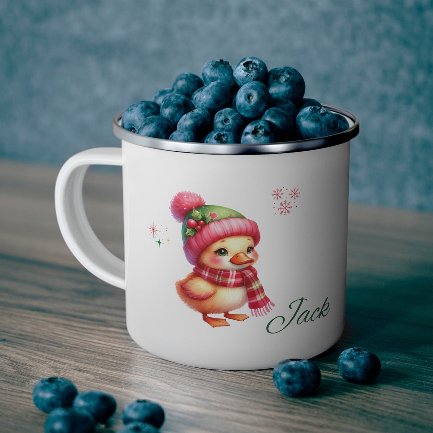Enamel Mug — Personalized Winter Duck Camping Cup with Name (Jack)