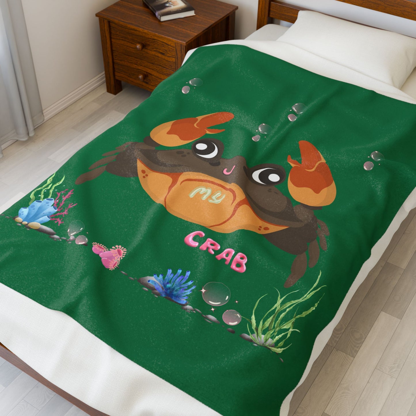 Crab with subtle bubbles and underwater flora Velveteen Plush Blanket