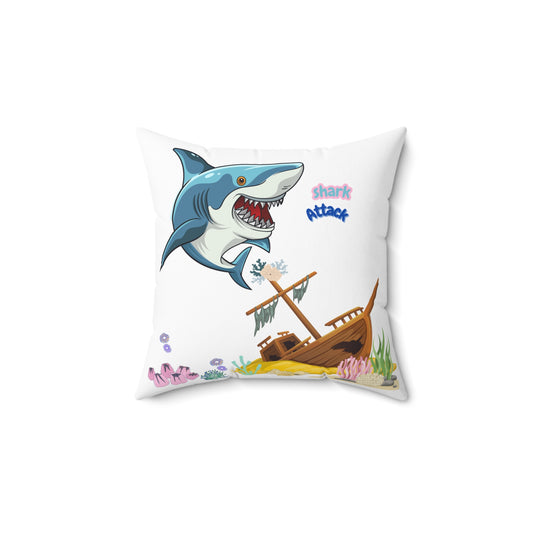 Shark ship colorful coral reef Spun Polyester Square Pillow