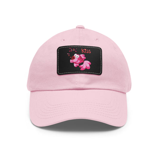 Pink fish with open mouth and kiss Dad Hat with Leather Patch (Rectangle)