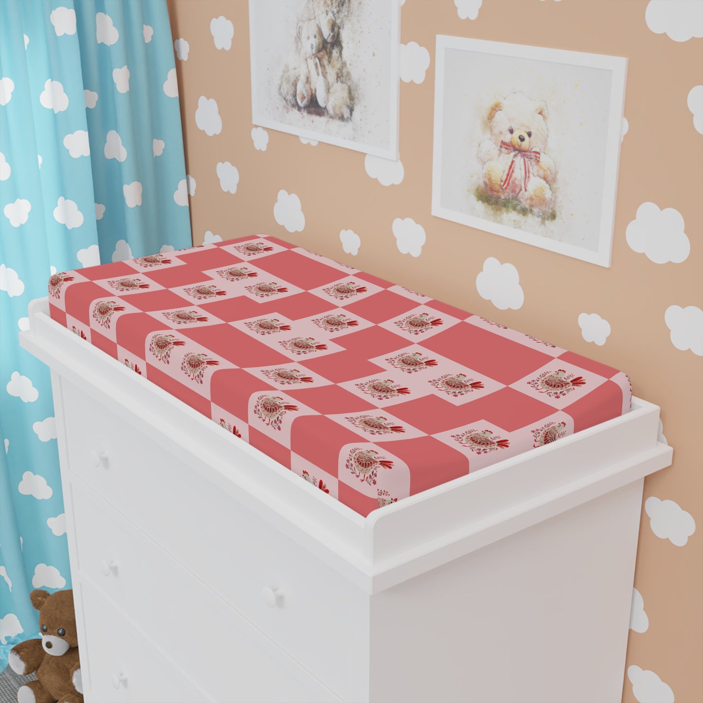 Floral Checkerboard Baby Changing Pad Cover — Pink Rose Nursery