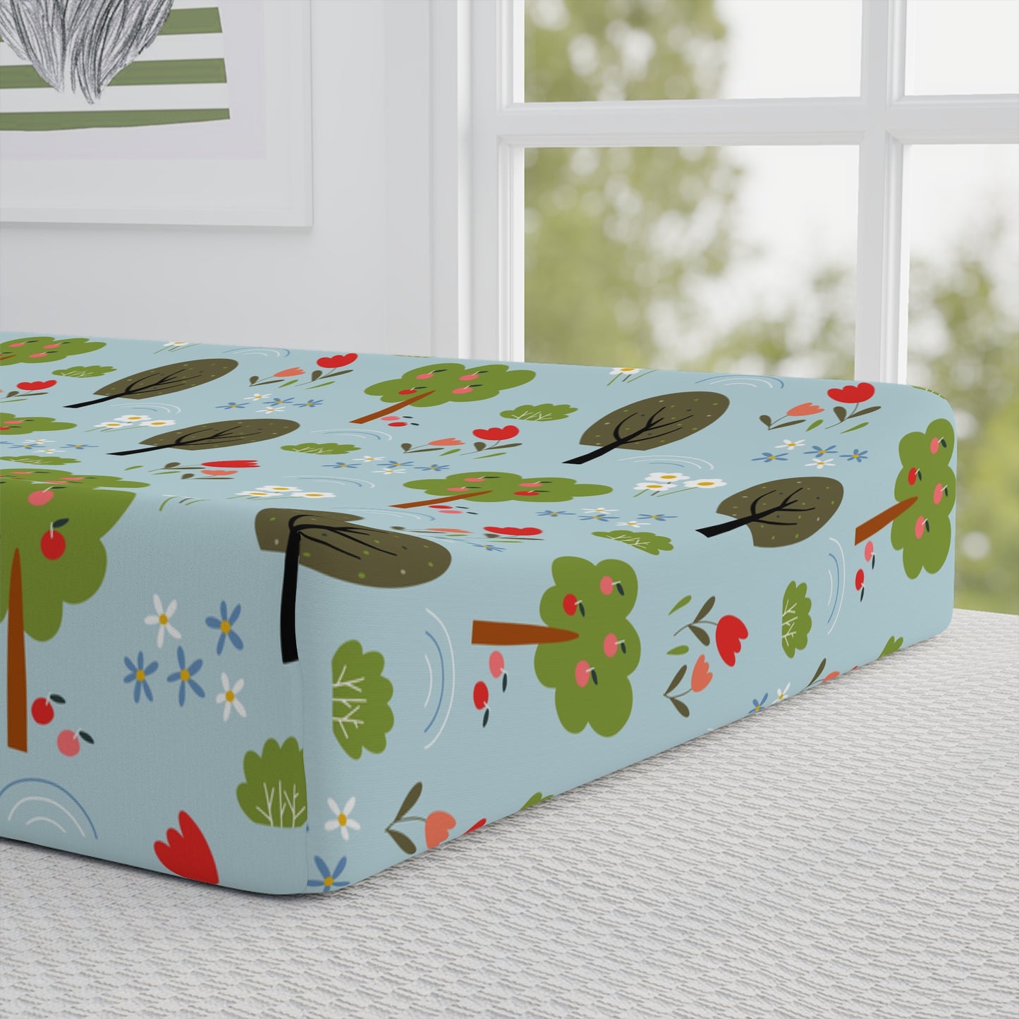 Personalized Woodland Trees Baby Changing Pad Cover – Custom Name, Blue Forest Nursery