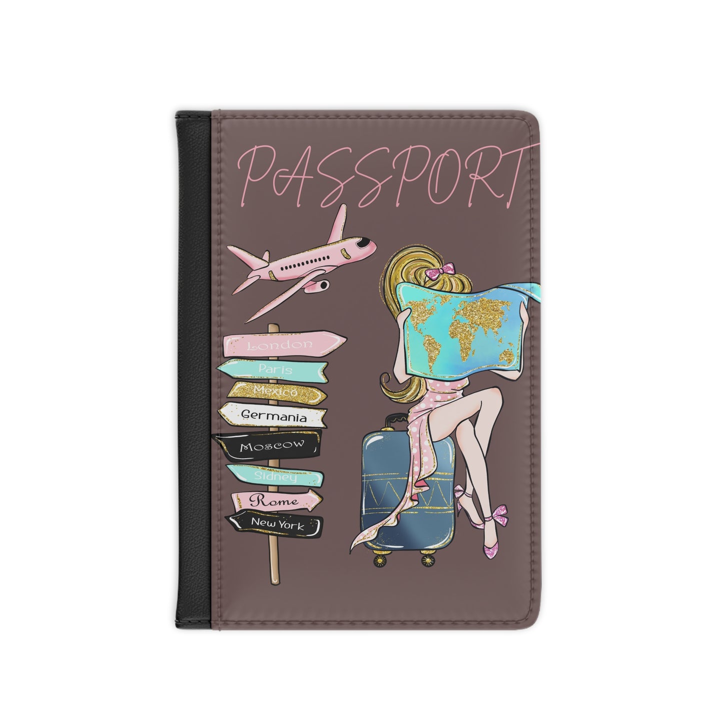 Passport Cover - Cute Girl Travel Design with Map, Luggage & Direction Sign (Travel Lover Gift)
