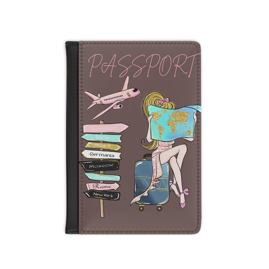 Passport Cover - Cute Girl Travel Design with Map, Luggage & Direction Sign (Travel Lover Gift)