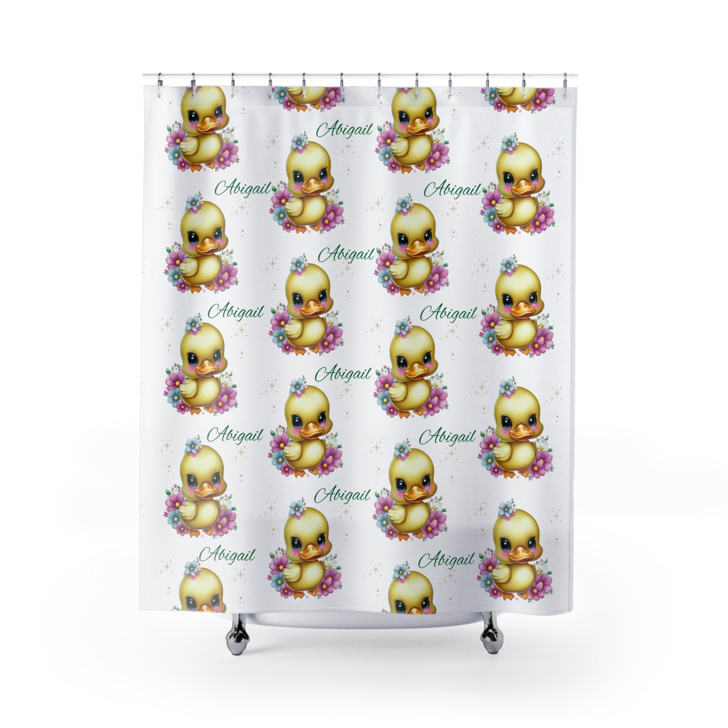 Personalized Baby Duck Shower Curtain — Custom Name ‘Abigail’ Nursery Decor