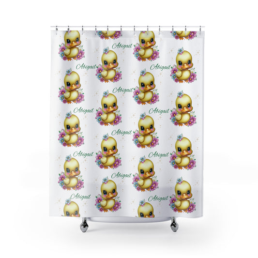 Personalized Baby Duck Shower Curtain — Custom Name ‘Abigail’ Nursery Decor