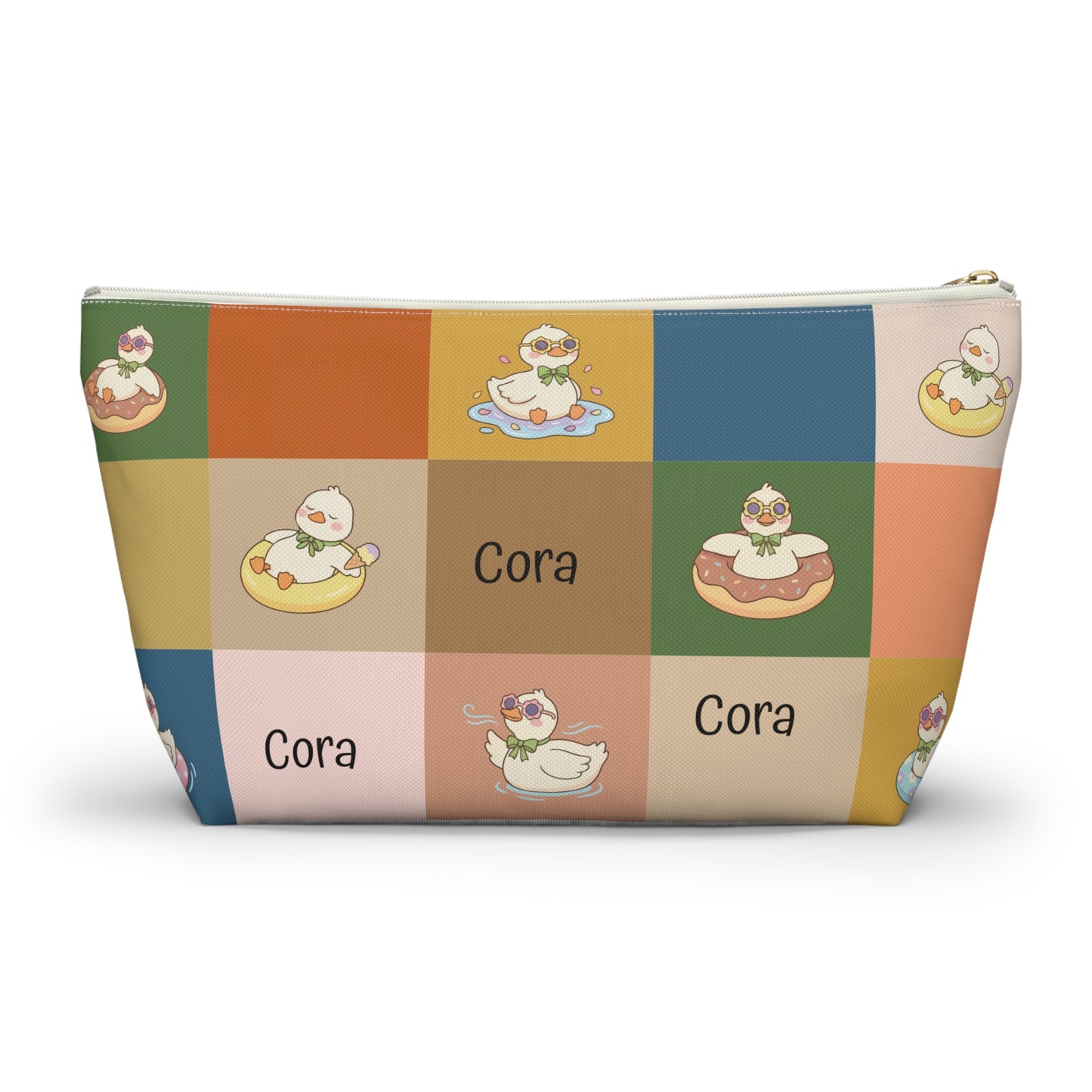 Personalized Duck Pattern Accessory Pouch — Custom Name Cosmetic Bag