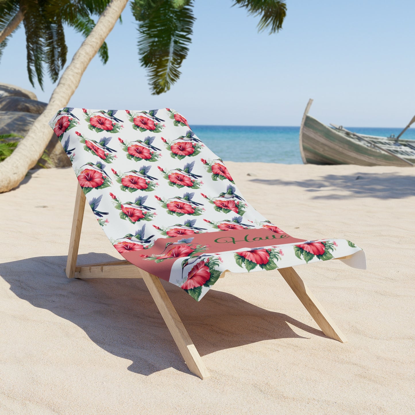 Personalized Floral Hummingbird Beach Towel — Custom Name (e.g., Hailey)