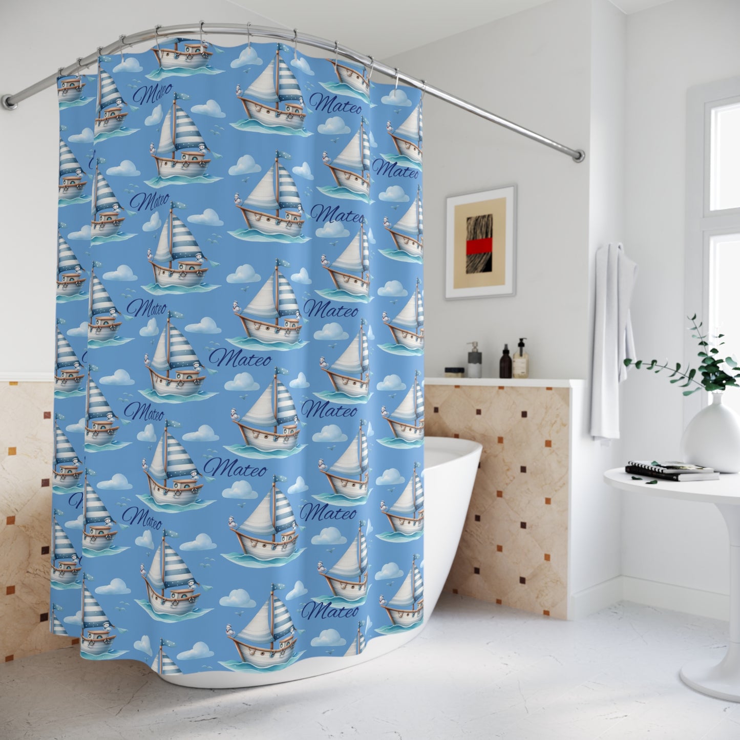 Nautical Sailboat Shower Curtain — Blue Boat Pattern with “Mateo” Name