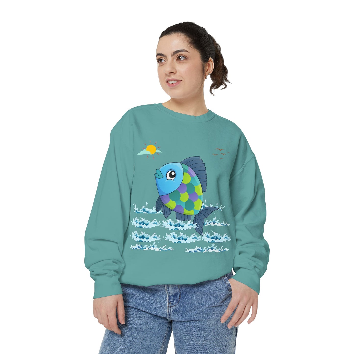Fish with a sun and birds in the sky above water Unisex Garment-Dyed Sweatshirt